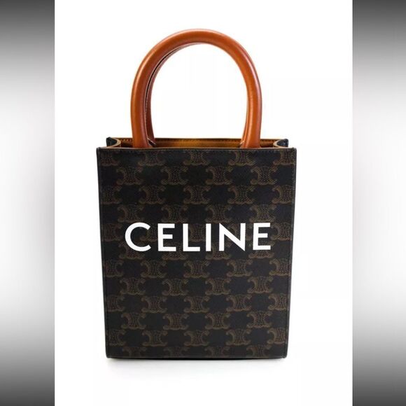 Celine Handbags - CELINE MINI VERTICAL CABAS IN TRIOMPHE CANVAS & CALFSKIN WITH CELINE PRINT TAN
